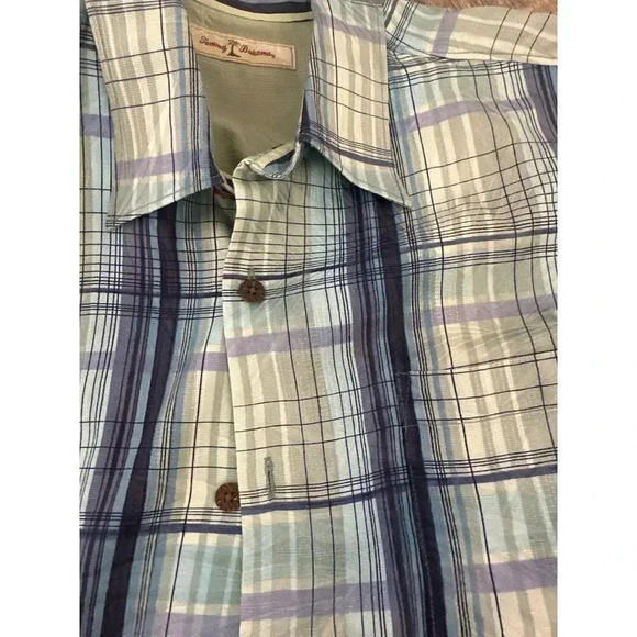 Tommy Bahama Men's silk Blue Short Sleeve Button Down Checked Shirt Size Large - Picture 5 of 5